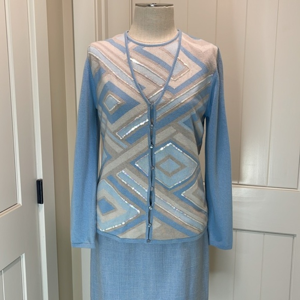 NWT ESCADA Suit Sequins Blue Twin Set Cami Size 38 Cardigan Sz 40 Skirt Sz 42 - Picture 1 of 17